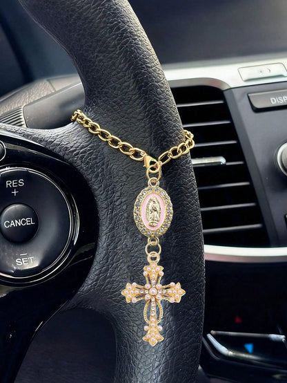 Steering Wheel Rosary Pendant, Pink Virgin Mary Cross Steering Wheel Ornament, Catholic Rosary Pendant, Car Decor, Cross Keychain, Adjustable Chain