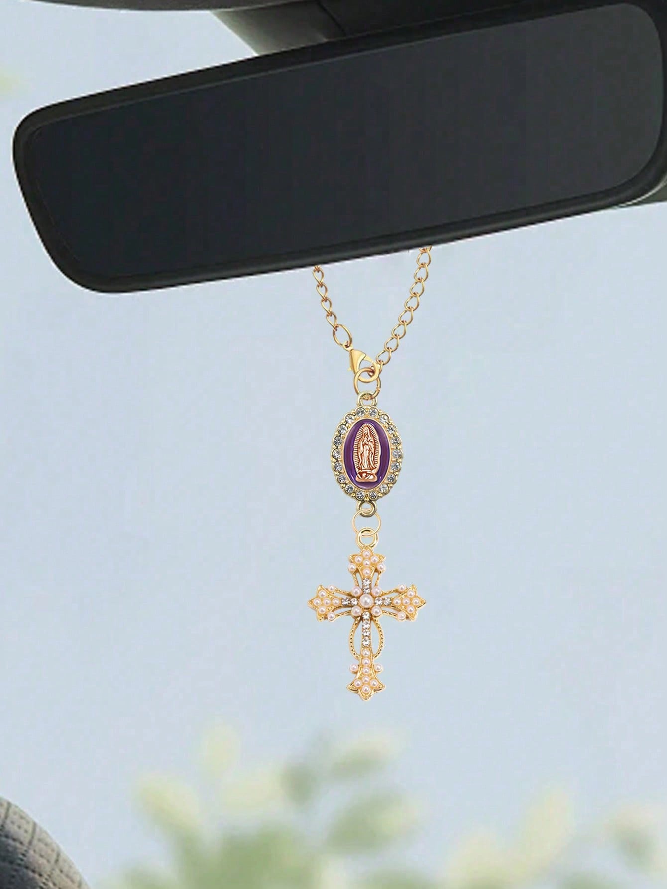 Steering Wheel Rosary Pendant, Pink Virgin Mary Cross Steering Wheel Ornament, Catholic Rosary Pendant, Car Decor, Cross Keychain, Adjustable Chain