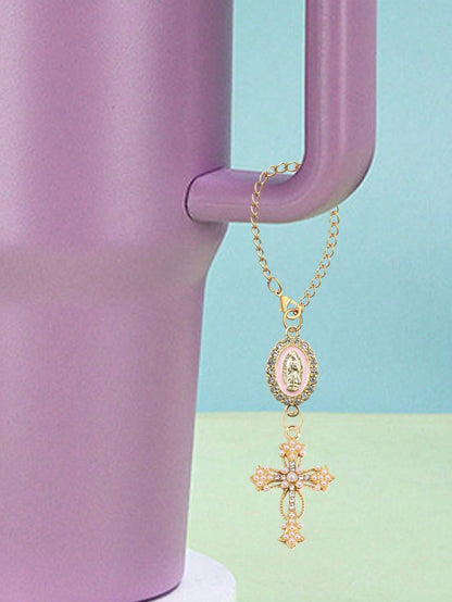 Steering Wheel Rosary Pendant, Pink Virgin Mary Cross Steering Wheel Ornament, Catholic Rosary Pendant, Car Decor, Cross Keychain, Adjustable Chain
