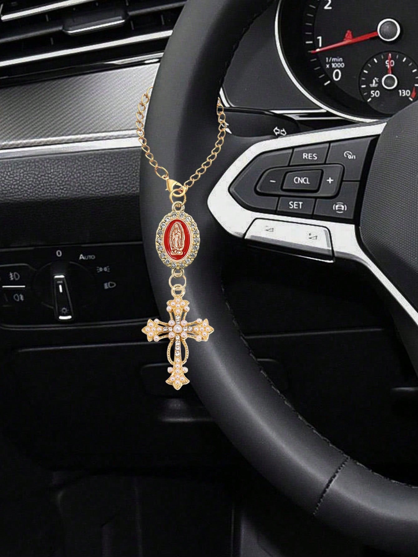 Steering Wheel Rosary Pendant, Pink Virgin Mary Cross Steering Wheel Ornament, Catholic Rosary Pendant, Car Decor, Cross Keychain, Adjustable Chain