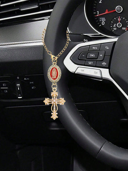 Steering Wheel Rosary Pendant, Pink Virgin Mary Cross Steering Wheel Ornament, Catholic Rosary Pendant, Car Decor, Cross Keychain, Adjustable Chain