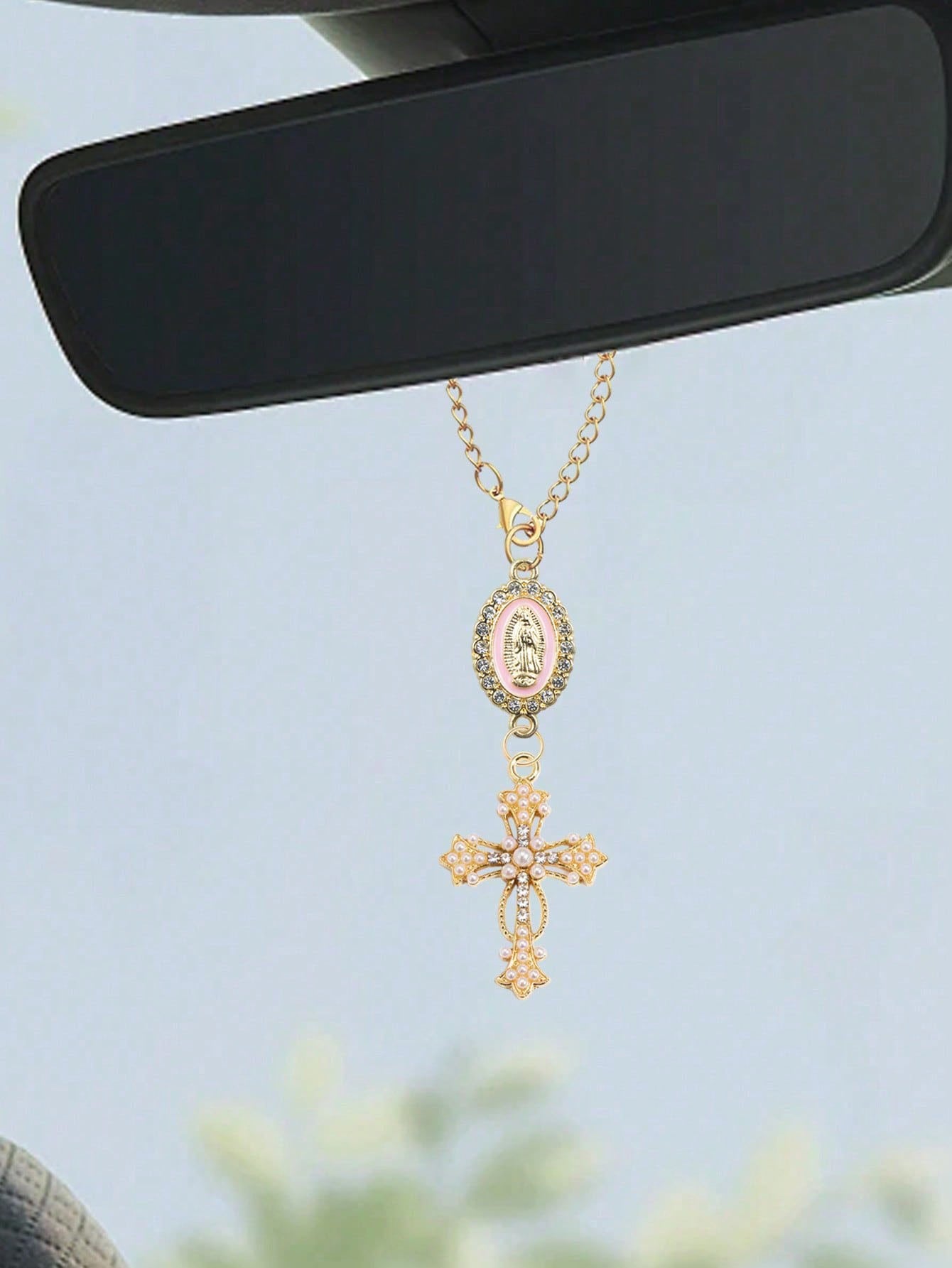 Steering Wheel Rosary Pendant, Pink Virgin Mary Cross Steering Wheel Ornament, Catholic Rosary Pendant, Car Decor, Cross Keychain, Adjustable Chain