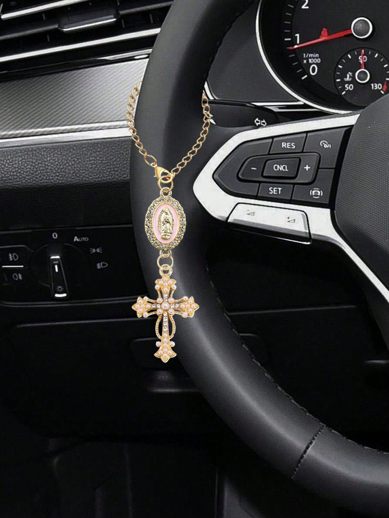 Steering Wheel Rosary Pendant, Pink Virgin Mary Cross Steering Wheel Ornament, Catholic Rosary Pendant, Car Decor, Cross Keychain, Adjustable Chain