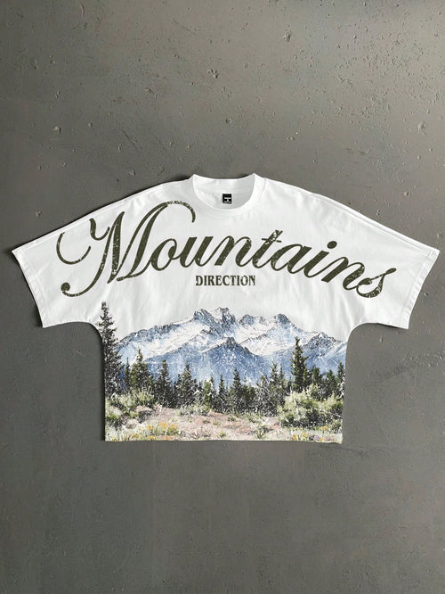 StoneGrade White Summer Streetwear Vacation Retro American Outdoor Landscape Graphic English Slogan Cropped Loose Fit Bat Wing Short Sleeve T-Shirt For Men