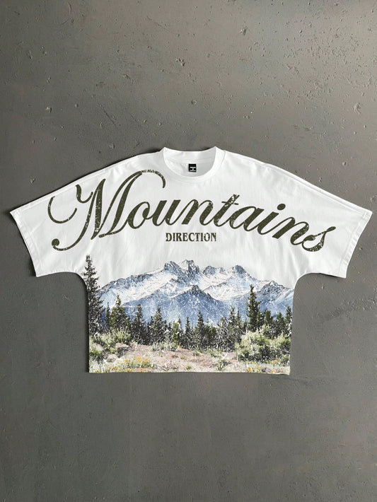 StoneGrade White Summer Streetwear Vacation Retro American Outdoor Landscape Graphic English Slogan Cropped Loose Fit Bat Wing Short Sleeve T-Shirt For Men