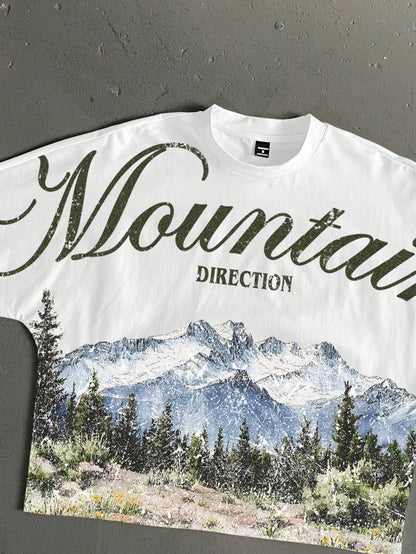 StoneGrade White Summer Streetwear Vacation Retro American Outdoor Landscape Graphic English Slogan Cropped Loose Fit Bat Wing Short Sleeve T-Shirt For Men