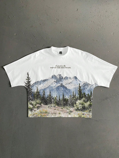 StoneGrade White Summer Streetwear Vacation Retro American Outdoor Landscape Graphic English Slogan Cropped Loose Fit Bat Wing Short Sleeve T-Shirt For Men