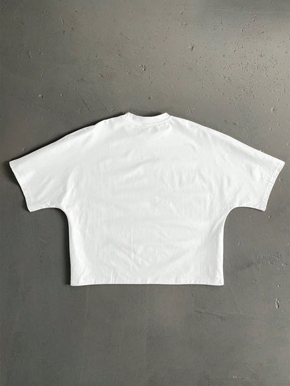 StoneGrade White Summer Streetwear Vacation Retro American Outdoor Landscape Graphic English Slogan Cropped Loose Fit Bat Wing Short Sleeve T-Shirt For Men
