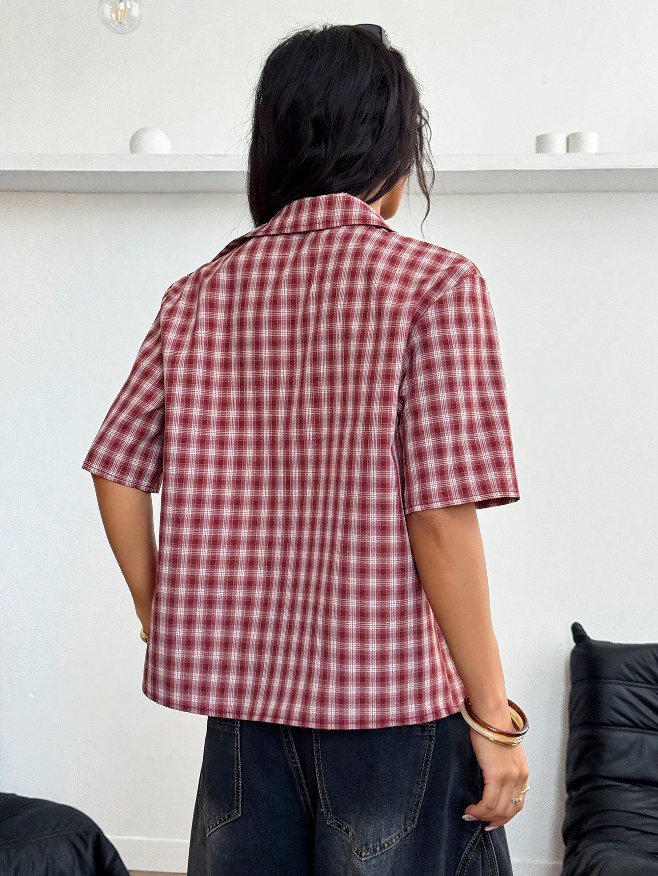 StreetHx Streetwear Women Plaid Zip Pocket Short Sleeve Shirt