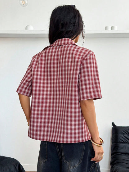 StreetHx Streetwear Women Plaid Zip Pocket Short Sleeve Shirt