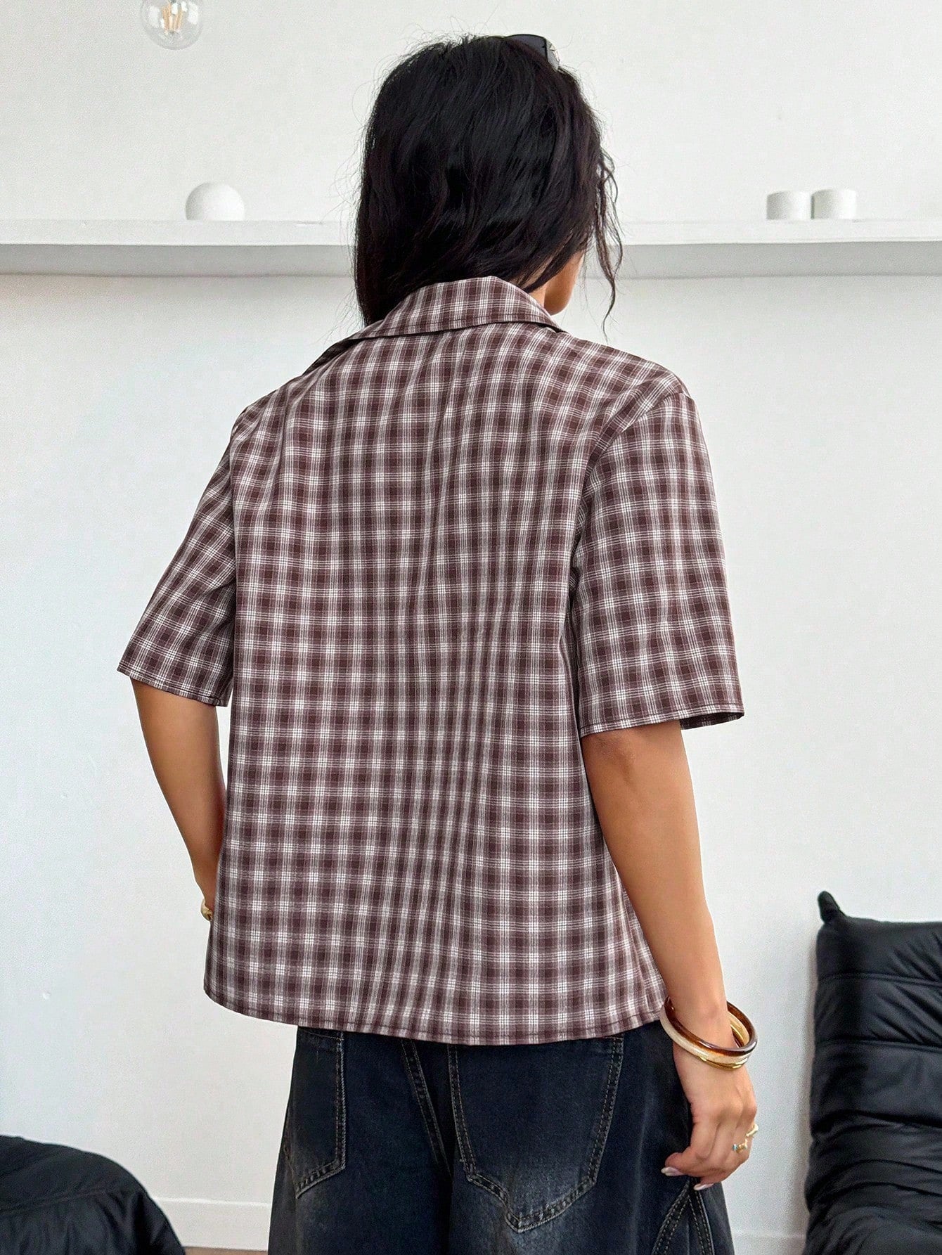 StreetHx Streetwear Women Plaid Zip Pocket Short Sleeve Shirt