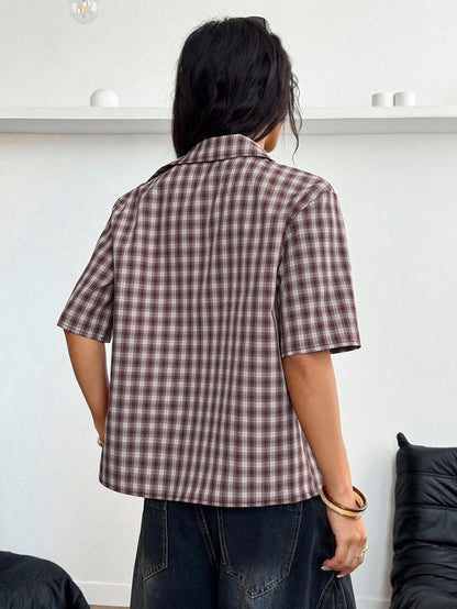 StreetHx Streetwear Women Plaid Zip Pocket Short Sleeve Shirt
