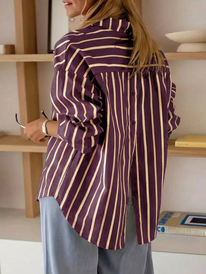 Striped Button Front & Back Long Sleeve Shirt Red