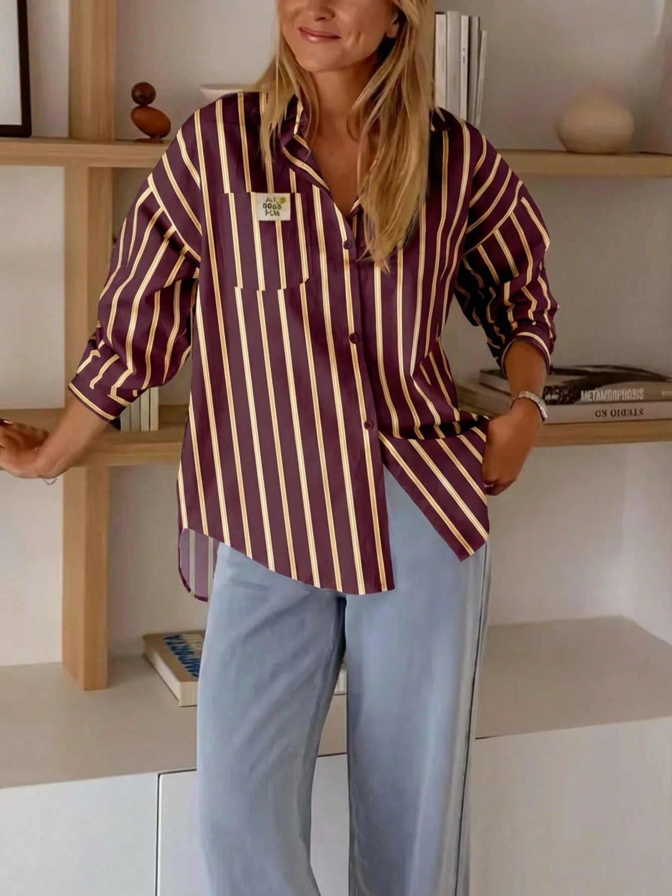 Striped Button Front & Back Long Sleeve Shirt Red