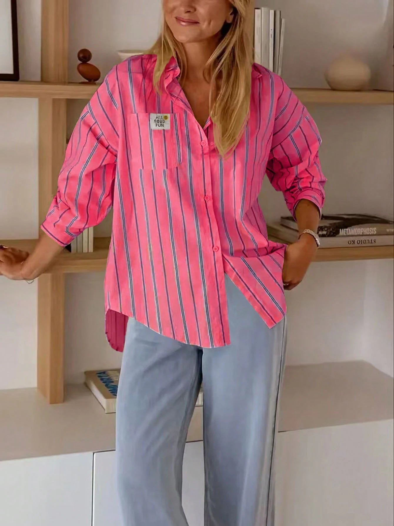 Striped Button Front & Back Long Sleeve Shirt Red
