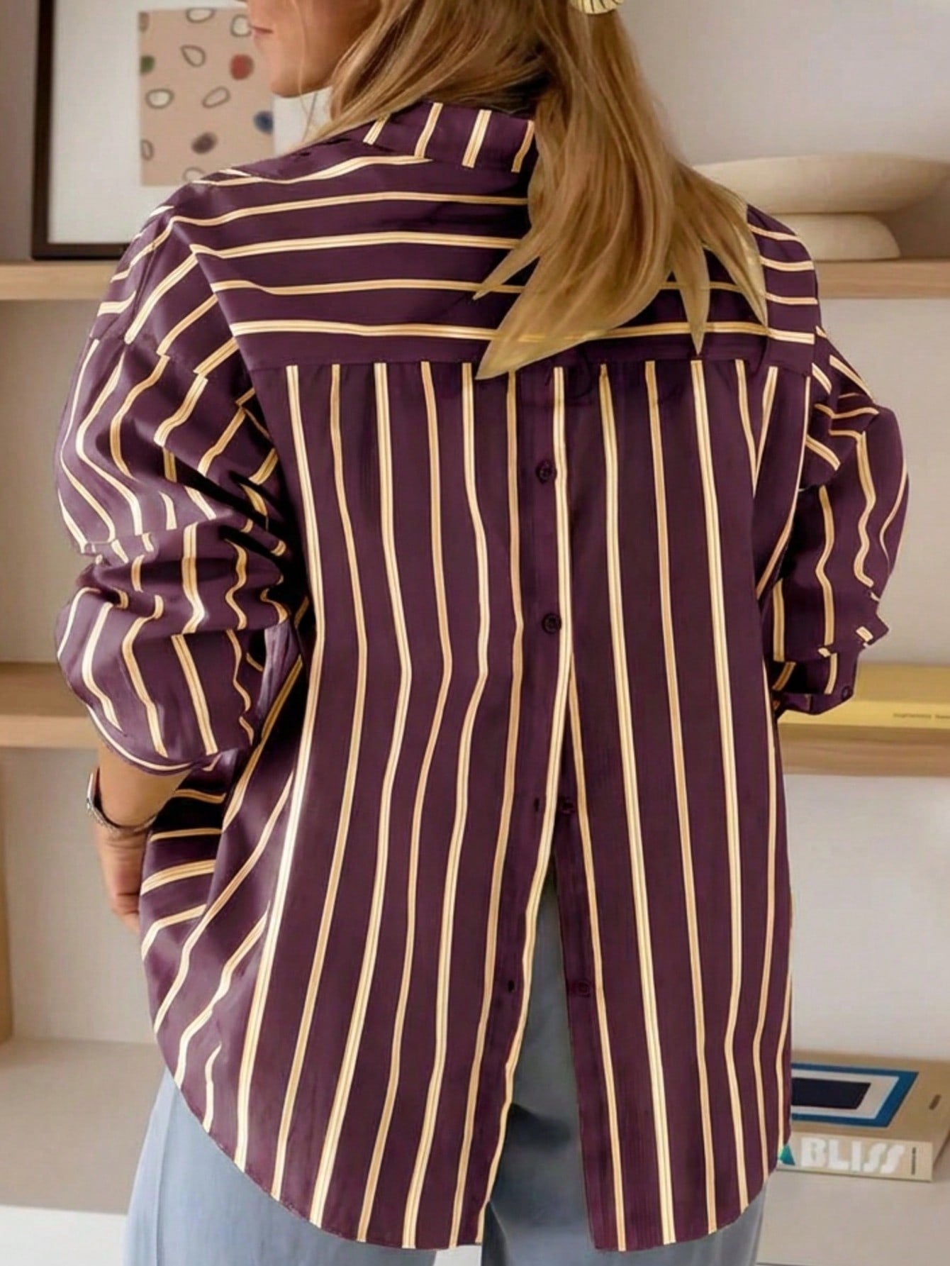 Striped Button Front & Back Long Sleeve Shirt Red