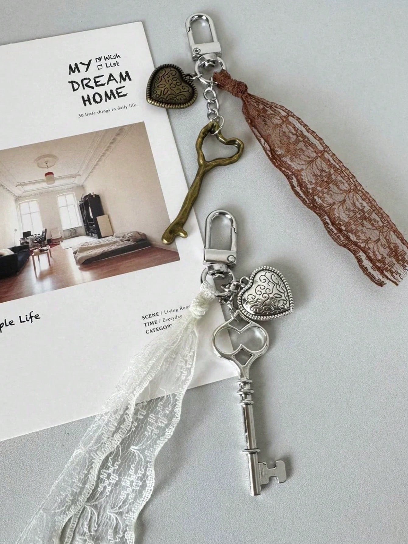 Style Bag Hanging Decoration Heart Pendant Retro Wasteland Style Bag Accessories Autumn And Winter Brown Keychain Lace Valentines