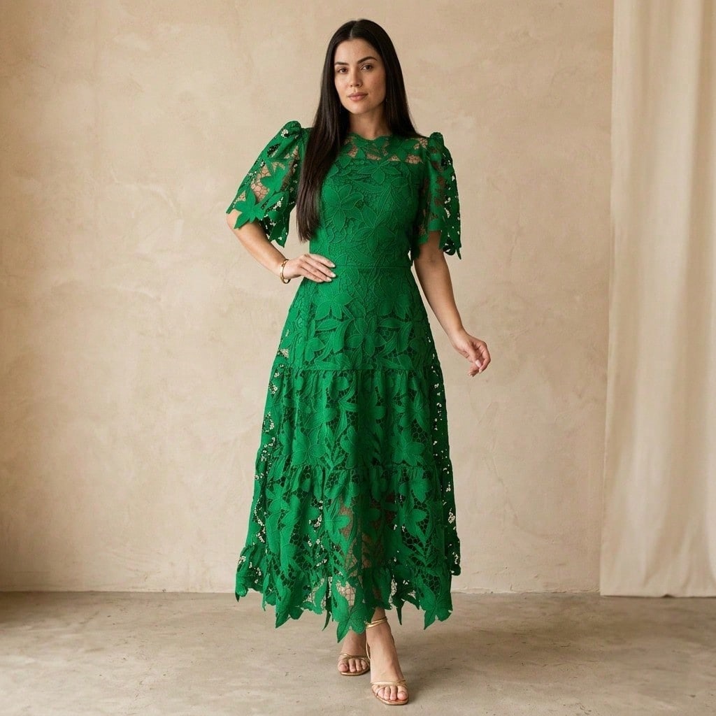 Summer Dresses For WomenElegant Royal Blue Floral Lace Cutout Dress, Crewneck Puff Short Sleeve High Waist Tiered Flowy Long A-Line Pdresses For Women