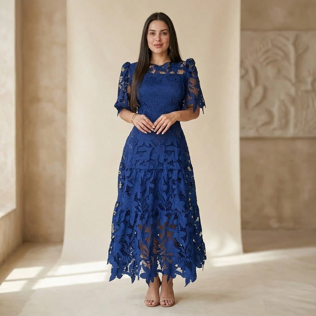 Summer Dresses For WomenElegant Royal Blue Floral Lace Cutout Dress, Crewneck Puff Short Sleeve High Waist Tiered Flowy Long A-Line Pdresses For Women