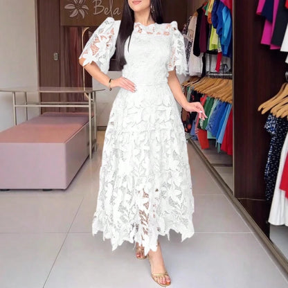 Summer Dresses For WomenElegant Royal Blue Floral Lace Cutout Dress, Crewneck Puff Short Sleeve High Waist Tiered Flowy Long A-Line Pdresses For Women