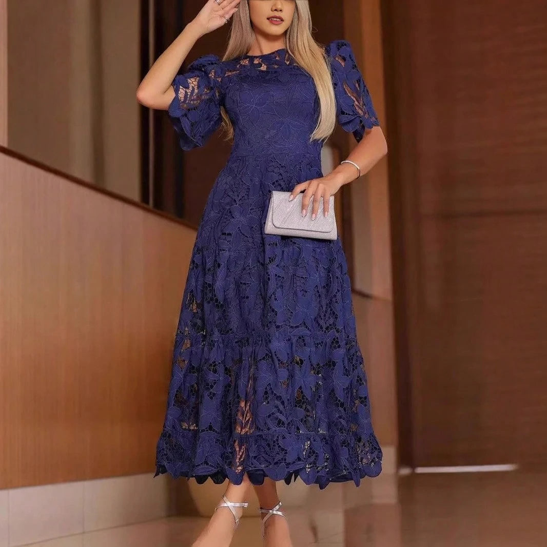 Summer Dresses For WomenElegant Royal Blue Floral Lace Cutout Dress, Crewneck Puff Short Sleeve High Waist Tiered Flowy Long A-Line Pdresses For Women