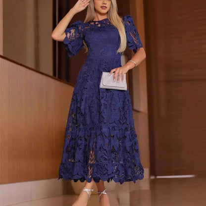Summer Dresses For WomenElegant Royal Blue Floral Lace Cutout Dress, Crewneck Puff Short Sleeve High Waist Tiered Flowy Long A-Line Pdresses For Women