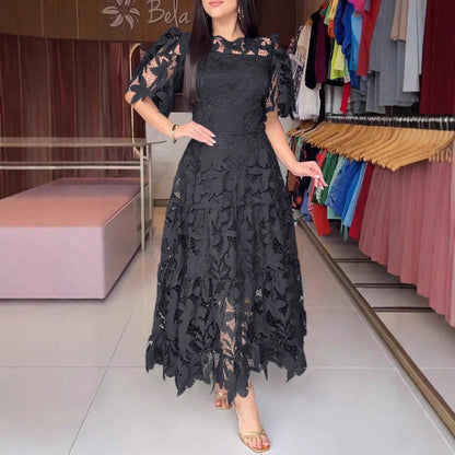 Summer Dresses For WomenElegant Royal Blue Floral Lace Cutout Dress, Crewneck Puff Short Sleeve High Waist Tiered Flowy Long A-Line Pdresses For Women