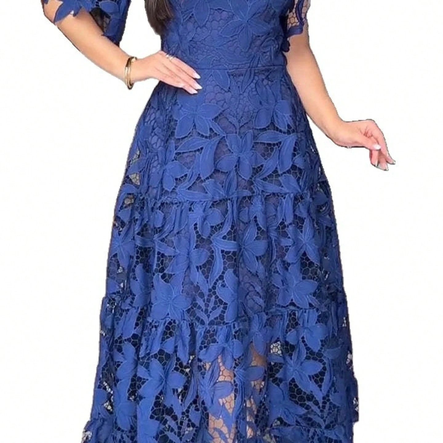 Summer Dresses For WomenElegant Royal Blue Floral Lace Cutout Dress, Crewneck Puff Short Sleeve High Waist Tiered Flowy Long A-Line Pdresses For Women