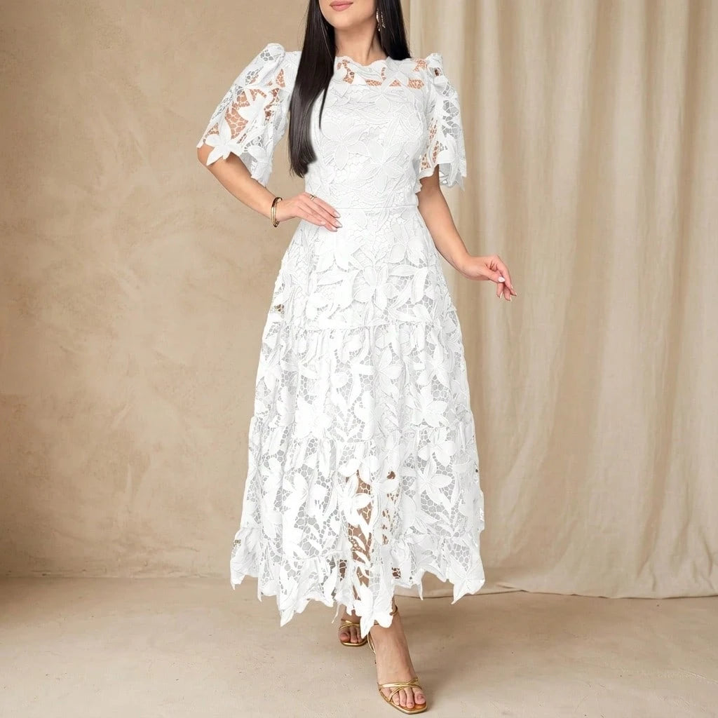 Summer Dresses For WomenElegant Royal Blue Floral Lace Cutout Dress, Crewneck Puff Short Sleeve High Waist Tiered Flowy Long A-Line Pdresses For Women