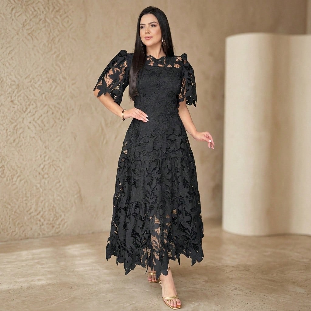 Summer Dresses For WomenElegant Royal Blue Floral Lace Cutout Dress, Crewneck Puff Short Sleeve High Waist Tiered Flowy Long A-Line Pdresses For Women