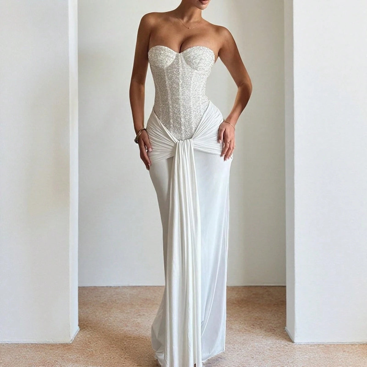 Summer Dresses For WomenElegant Strapless Sequin Corset Summer Maxi Dress For Women, Ruched Draped Sash Slim Fit Floor Length Evening Gown Fordresses