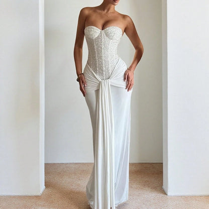 Summer Dresses For WomenElegant Strapless Sequin Corset Summer Maxi Dress For Women, Ruched Draped Sash Slim Fit Floor Length Evening Gown Fordresses