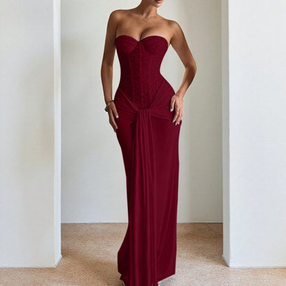 Summer Dresses For WomenElegant Strapless Sequin Corset Summer Maxi Dress For Women, Ruched Draped Sash Slim Fit Floor Length Evening Gown Fordresses