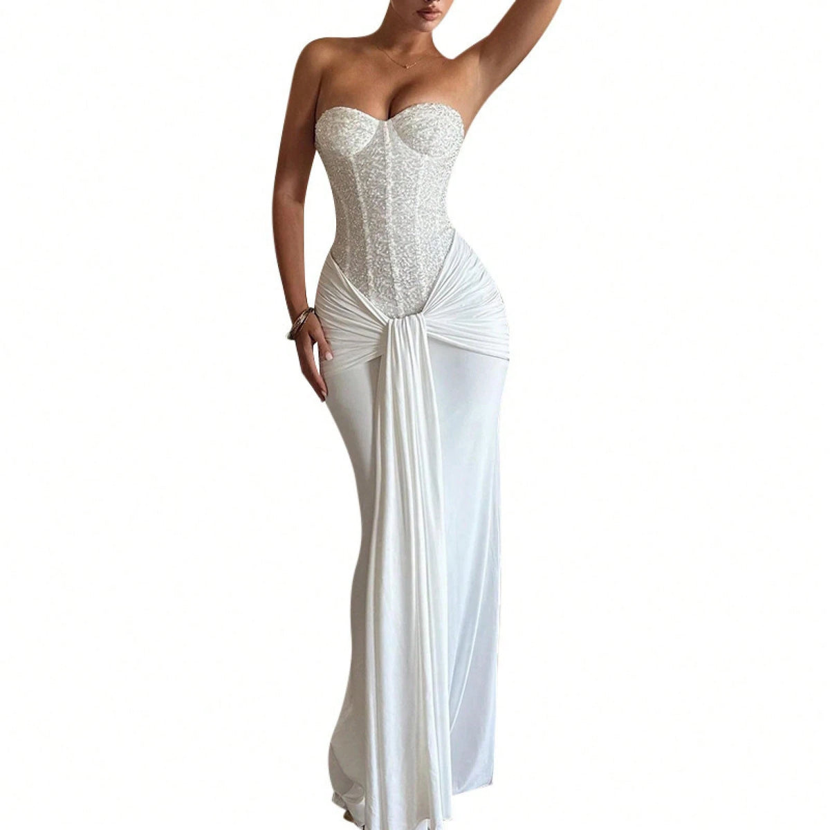 Summer Dresses For WomenElegant Strapless Sequin Corset Summer Maxi Dress For Women, Ruched Draped Sash Slim Fit Floor Length Evening Gown Fordresses