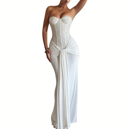 Summer Dresses For WomenElegant Strapless Sequin Corset Summer Maxi Dress For Women, Ruched Draped Sash Slim Fit Floor Length Evening Gown Fordresses