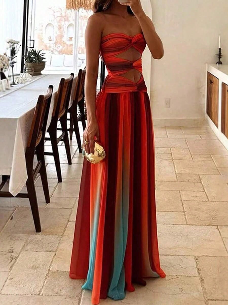Summer Dresses For Womenvestidos Elegantes De Mujer.Women Tie Dye Strapless Maxi Dress Elegant Gradient Twist Front Hollow Long Dress Summer Off Sho