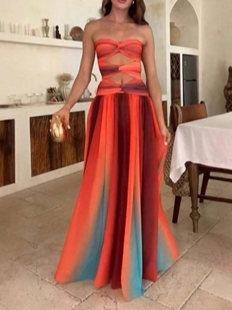 Summer Dresses For Womenvestidos Elegantes De Mujer.Women Tie Dye Strapless Maxi Dress Elegant Gradient Twist Front Hollow Long Dress Summer Off Sho