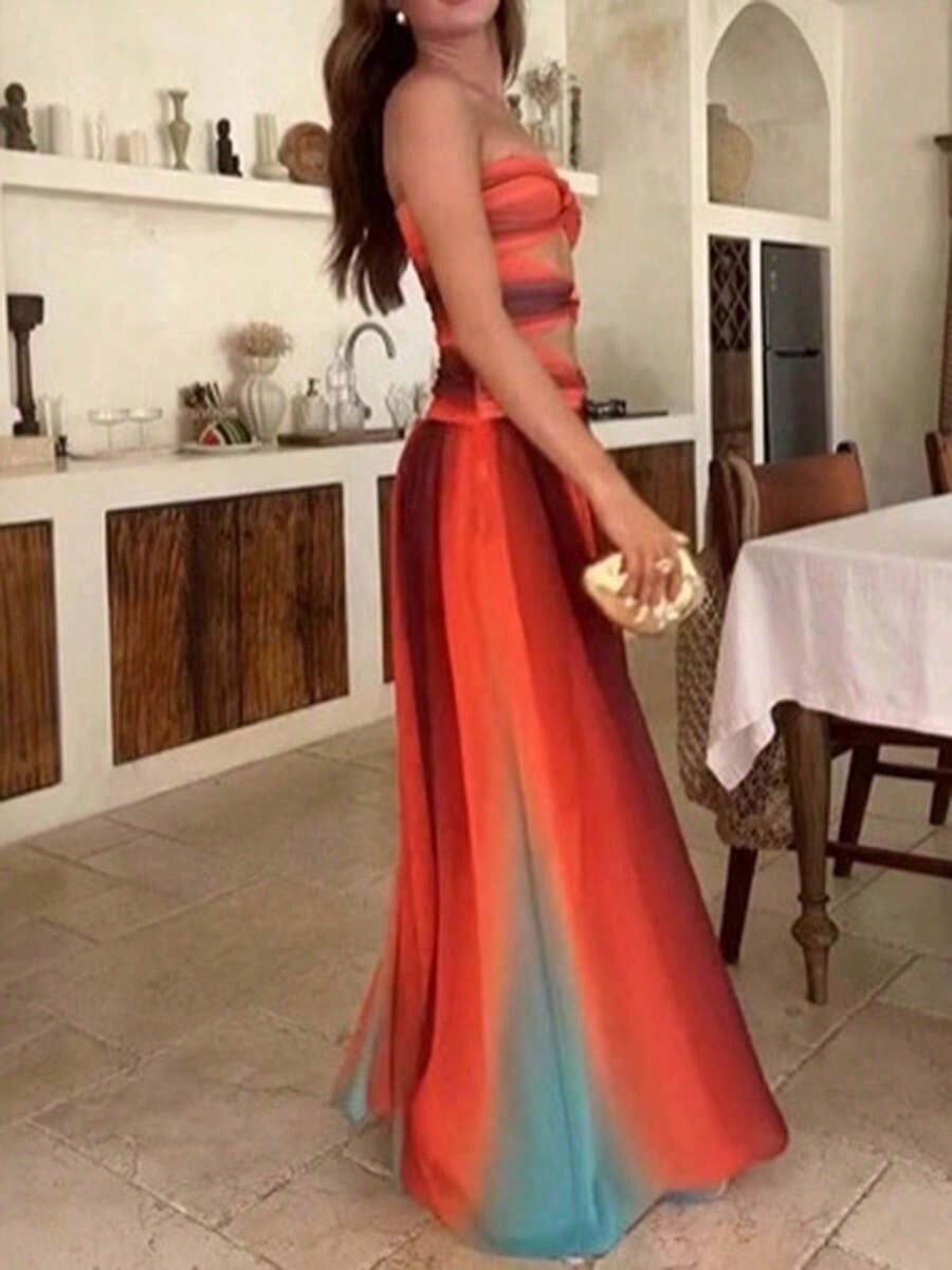 Summer Dresses For Womenvestidos Elegantes De Mujer.Women Tie Dye Strapless Maxi Dress Elegant Gradient Twist Front Hollow Long Dress Summer Off Sho
