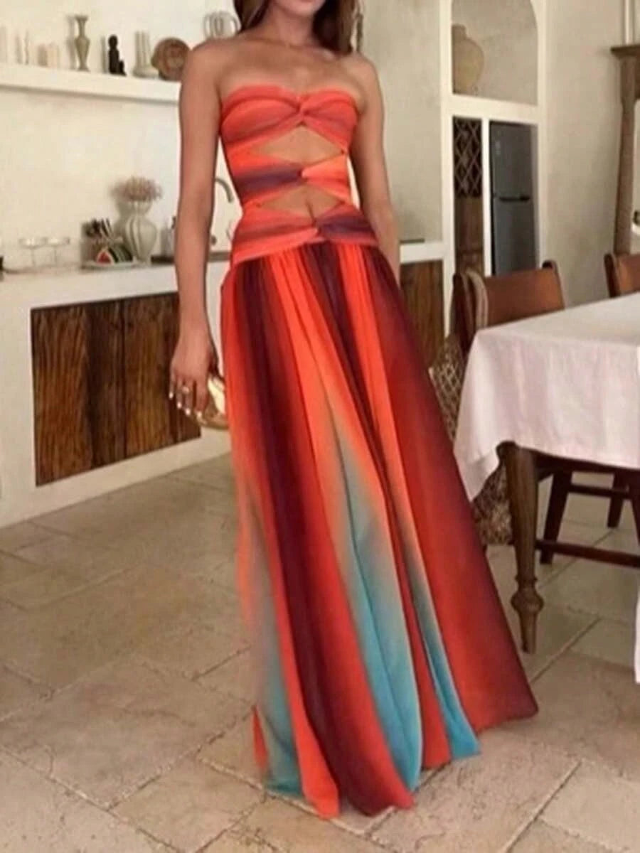 Summer Dresses For Womenvestidos Elegantes De Mujer.Women Tie Dye Strapless Maxi Dress Elegant Gradient Twist Front Hollow Long Dress Summer Off Sho