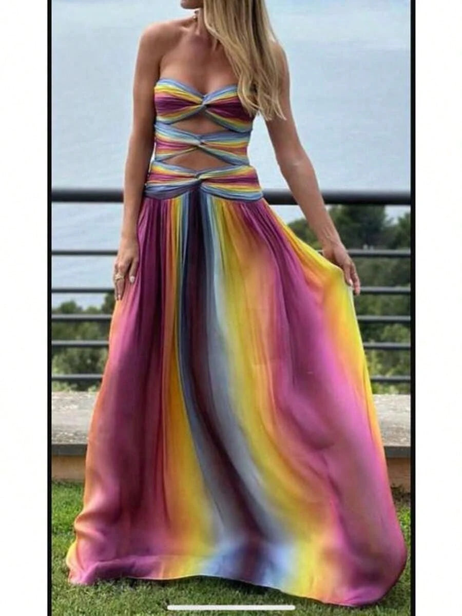 Summer Dresses For Womenvestidos Elegantes De Mujer.Women Tie Dye Strapless Maxi Dress Elegant Gradient Twist Front Hollow Long Dress Summer Off Sho