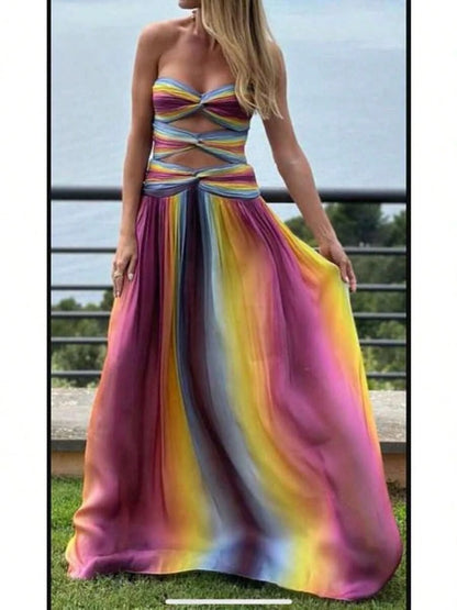 Summer Dresses For Womenvestidos Elegantes De Mujer.Women Tie Dye Strapless Maxi Dress Elegant Gradient Twist Front Hollow Long Dress Summer Off Sho