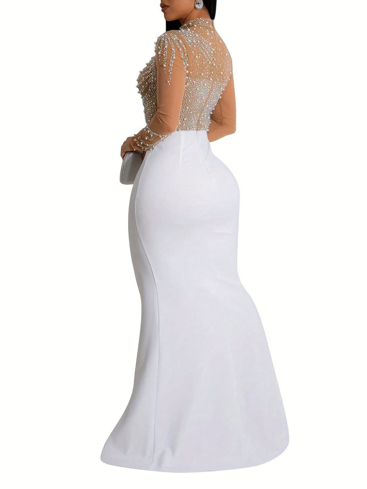 Summer Dresses For Womenvestidos Elegantes De MujerRhinestone Mock Slit Bodycon Dress, Elegant Long Sleeve Mesh Splicing Dress For Party & Banquet, W