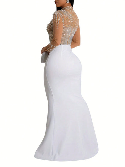 Summer Dresses For Womenvestidos Elegantes De MujerRhinestone Mock Slit Bodycon Dress, Elegant Long Sleeve Mesh Splicing Dress For Party & Banquet, W