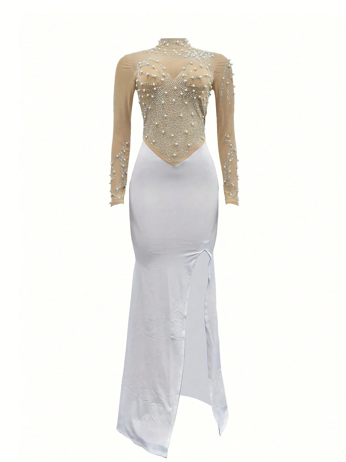 Summer Dresses For Womenvestidos Elegantes De MujerRhinestone Mock Slit Bodycon Dress, Elegant Long Sleeve Mesh Splicing Dress For Party & Banquet, W
