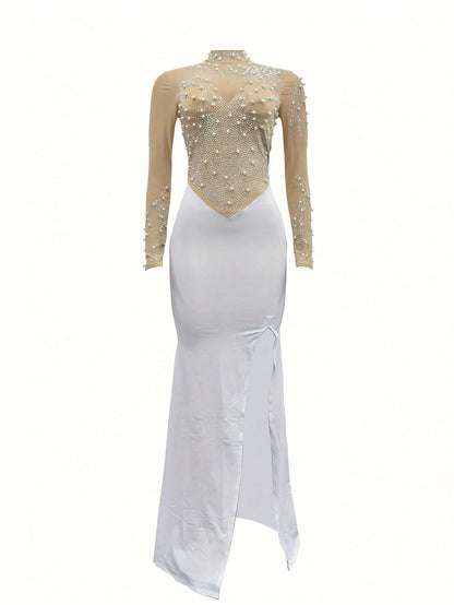 Summer Dresses For Womenvestidos Elegantes De MujerRhinestone Mock Slit Bodycon Dress, Elegant Long Sleeve Mesh Splicing Dress For Party & Banquet, W