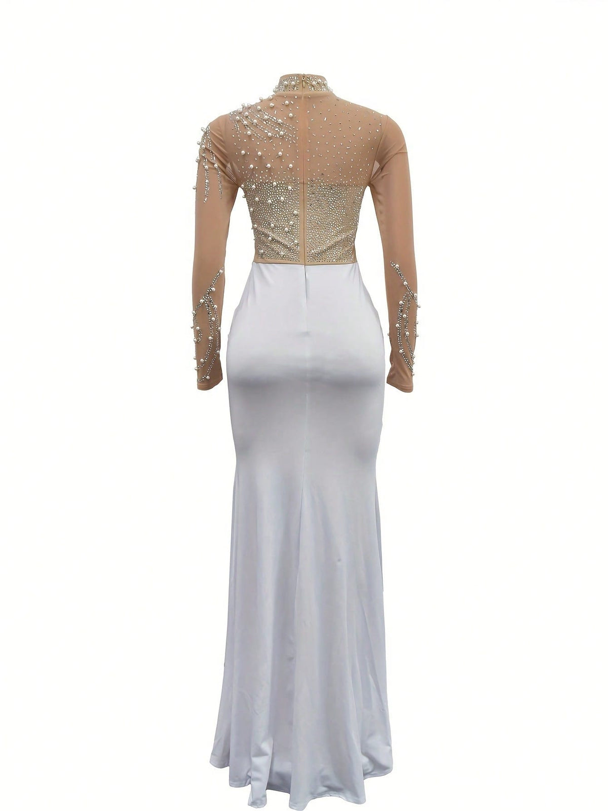 Summer Dresses For Womenvestidos Elegantes De MujerRhinestone Mock Slit Bodycon Dress, Elegant Long Sleeve Mesh Splicing Dress For Party & Banquet, W