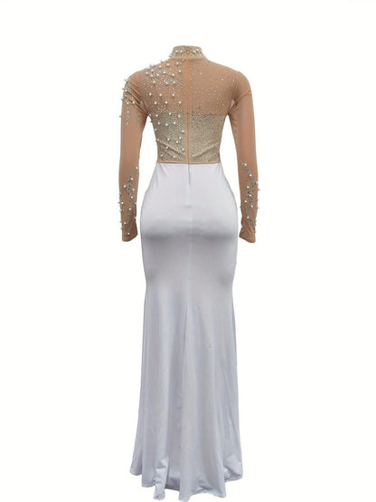 Summer Dresses For Womenvestidos Elegantes De MujerRhinestone Mock Slit Bodycon Dress, Elegant Long Sleeve Mesh Splicing Dress For Party & Banquet, W