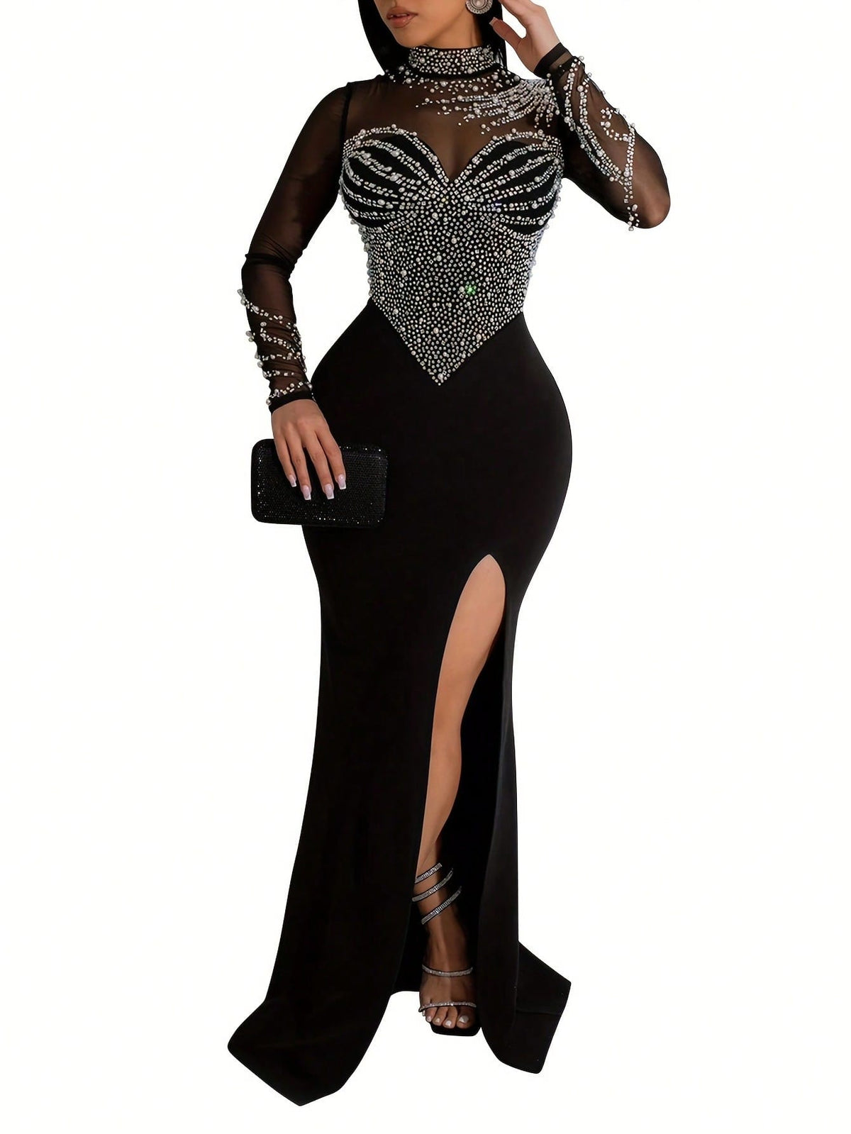 Summer Dresses For Womenvestidos Elegantes De MujerRhinestone Mock Slit Bodycon Dress, Elegant Long Sleeve Mesh Splicing Dress For Party & Banquet, W