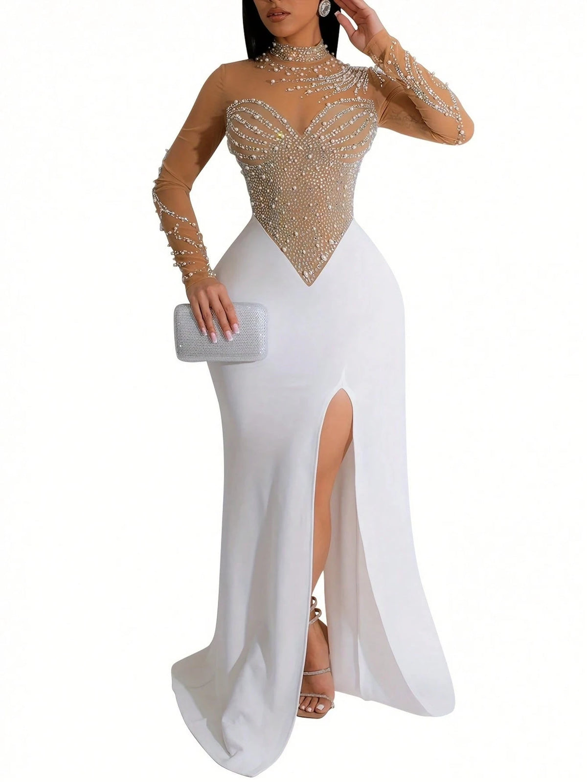 Summer Dresses For Womenvestidos Elegantes De MujerRhinestone Mock Slit Bodycon Dress, Elegant Long Sleeve Mesh Splicing Dress For Party & Banquet, W