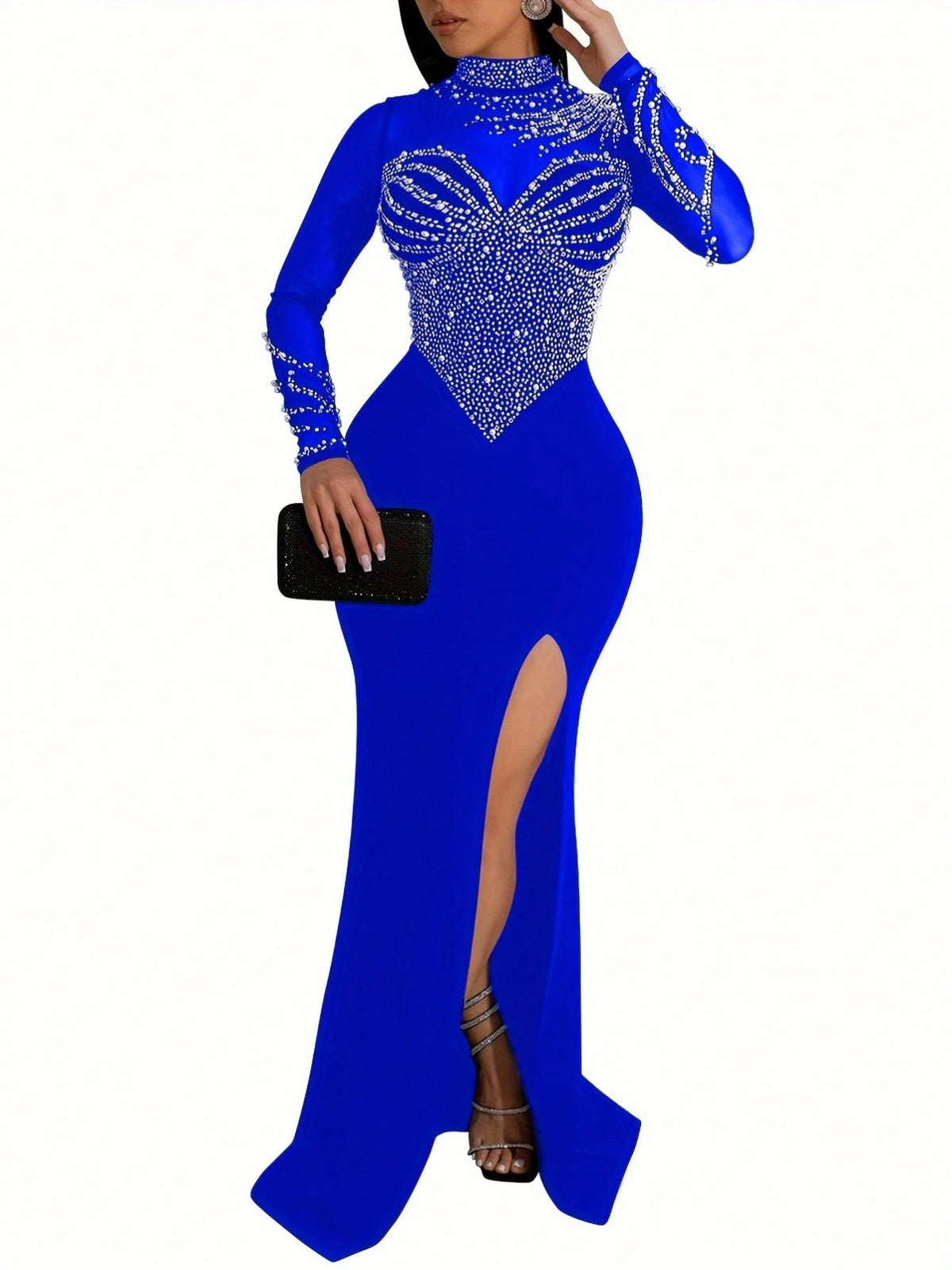 Summer Dresses For Womenvestidos Elegantes De MujerRhinestone Mock Slit Bodycon Dress, Elegant Long Sleeve Mesh Splicing Dress For Party & Banquet, W